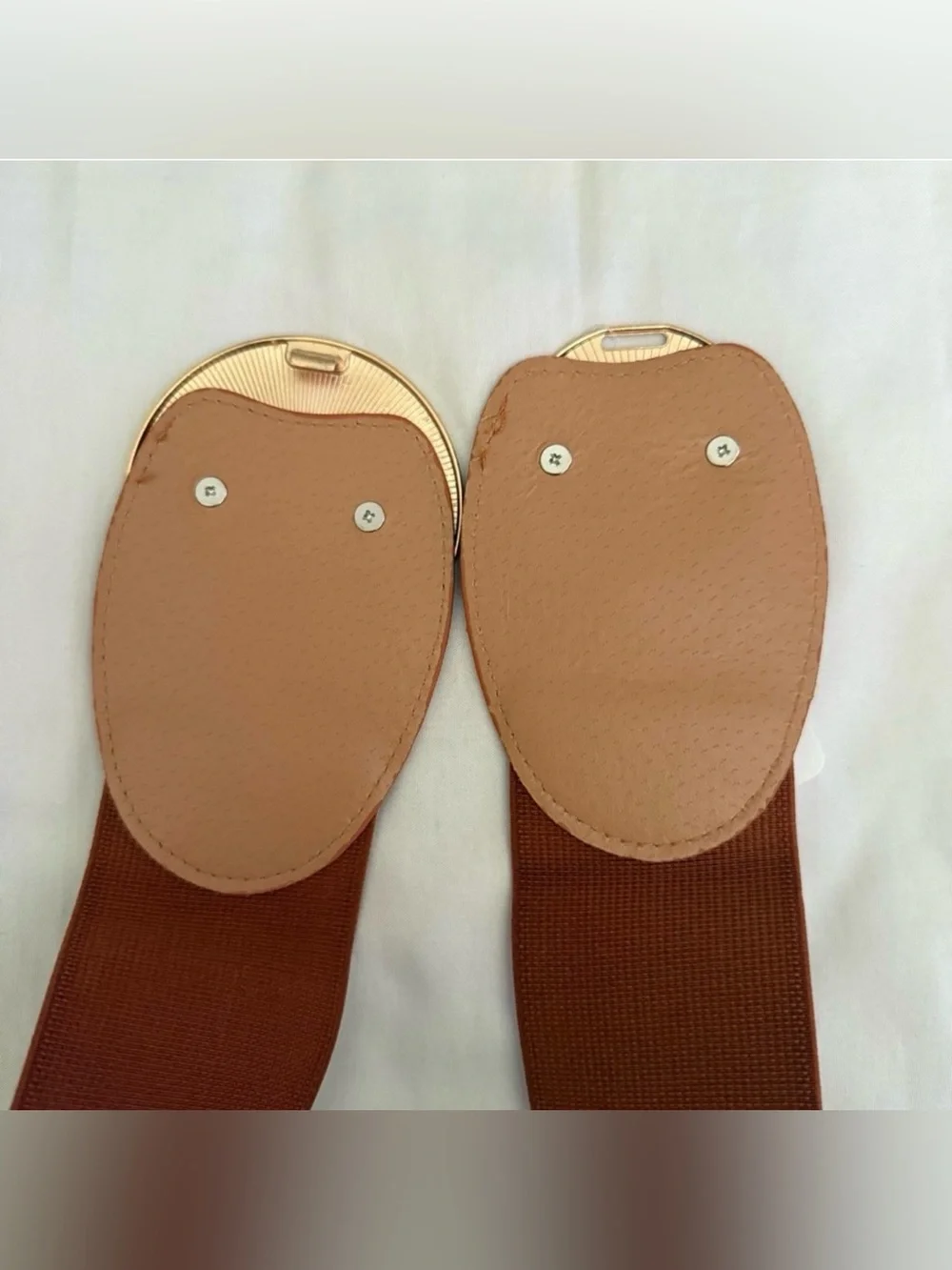 Camel PU leather elastic waistband belt with gold tone buckle